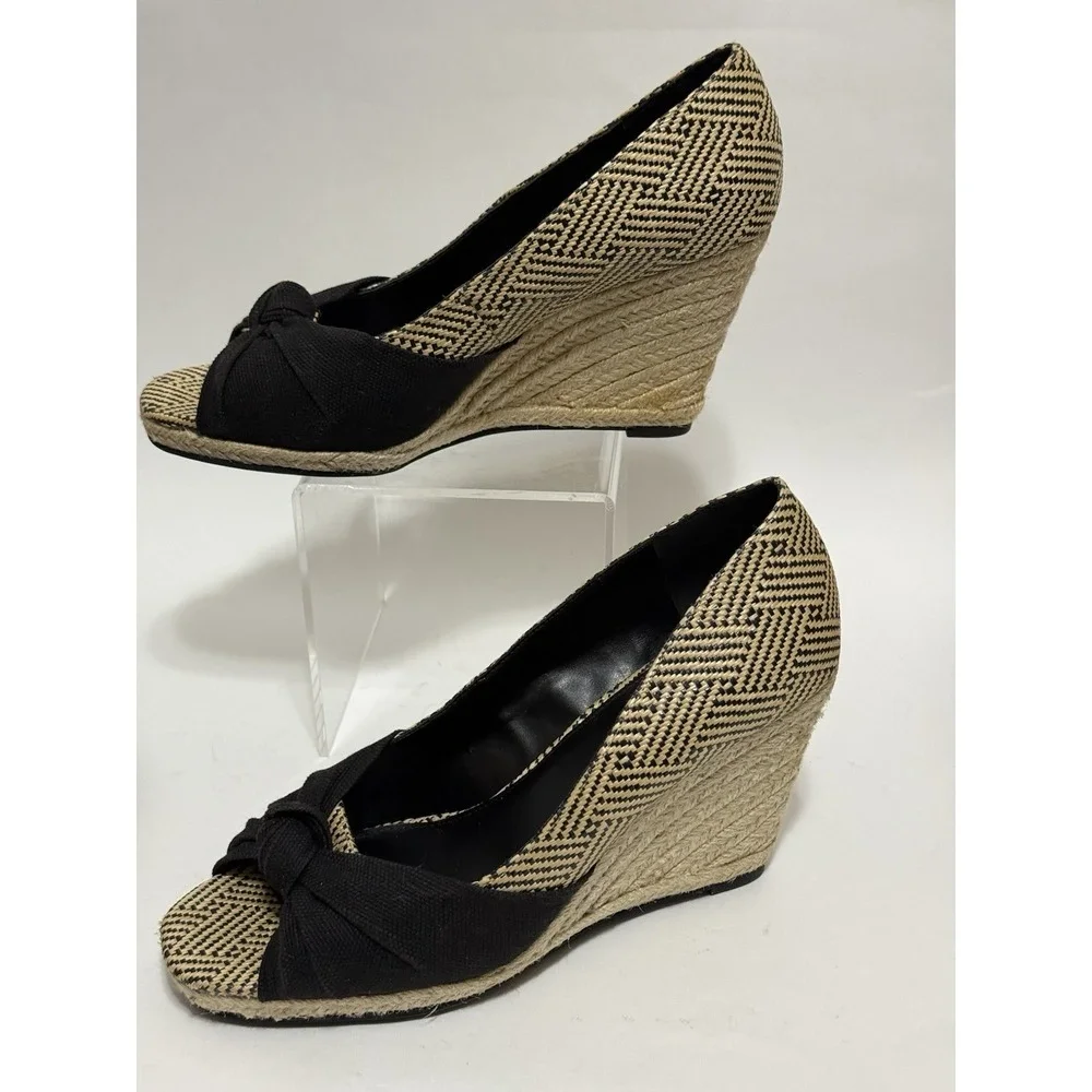 Kelly & Katie  8.5 M Knotted Espadrille Woven Wedge Sandal Black Beige